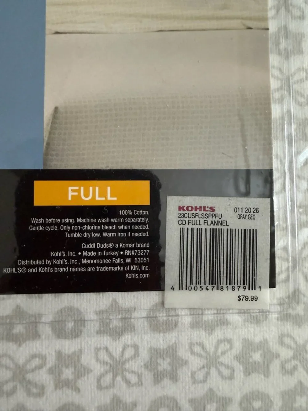 Cuddl Duds Heavyweight Flannel White & Gray Geo Full Sheet Set - NIP